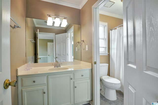 bathroom featuring tile patterned floors, toilet, crown molding, a shower with curtain, and vanity