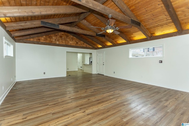 unfurnished room featuring wood-type flooring, wooden ceiling, and ceiling fan