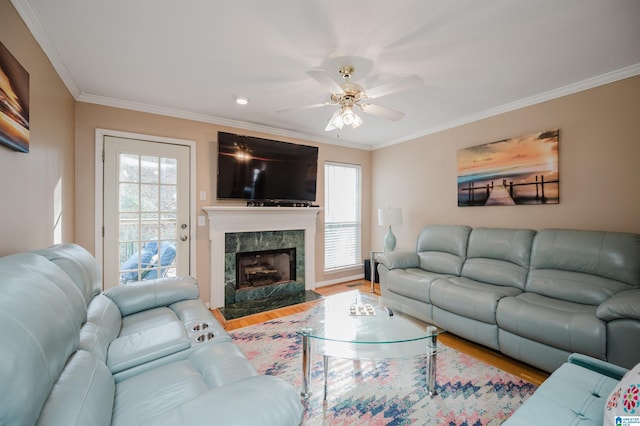 living room with a fireplace, hardwood / wood-style flooring, a wealth of natural light, and ornamental molding