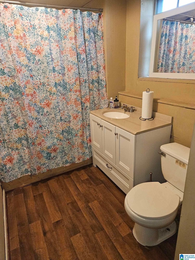 bathroom featuring vanity, hardwood / wood-style floors, and toilet