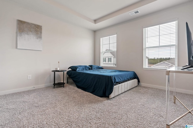 bedroom featuring a tray ceiling and carpet flooring