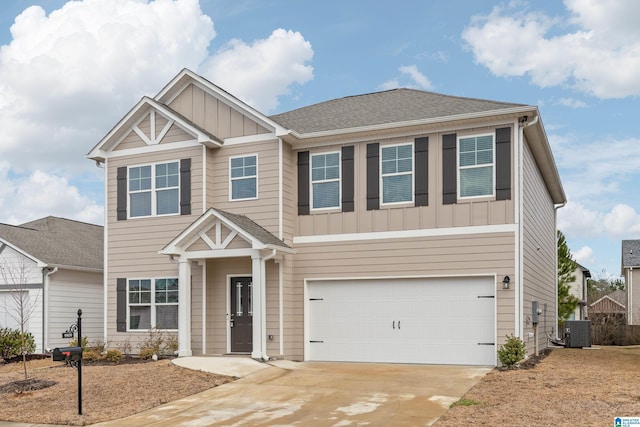 craftsman-style home featuring a garage and cooling unit