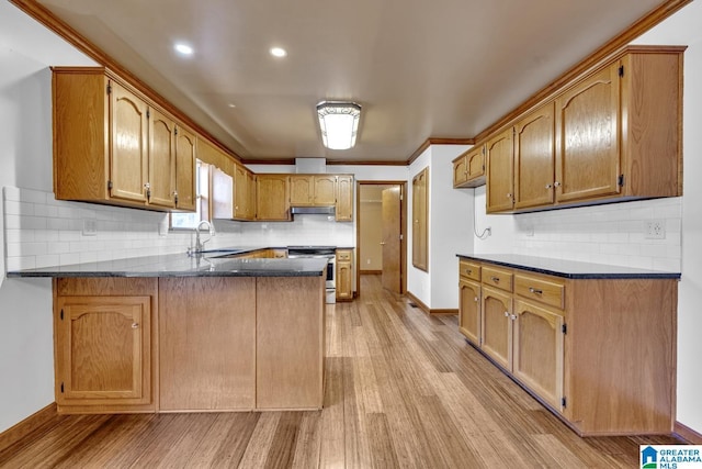 kitchen featuring sink, ornamental molding, kitchen peninsula, stainless steel range oven, and light hardwood / wood-style flooring