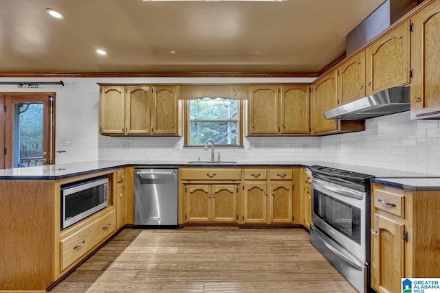 kitchen with sink, tasteful backsplash, light hardwood / wood-style flooring, appliances with stainless steel finishes, and kitchen peninsula