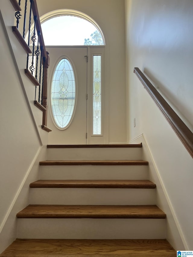 stairs with hardwood / wood-style flooring