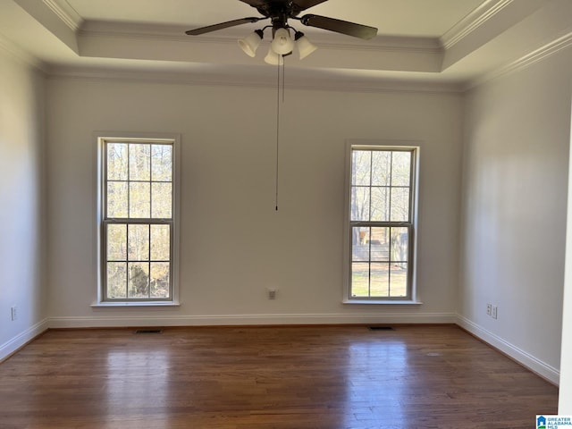 empty room featuring dark hardwood / wood-style flooring, crown molding, and a raised ceiling