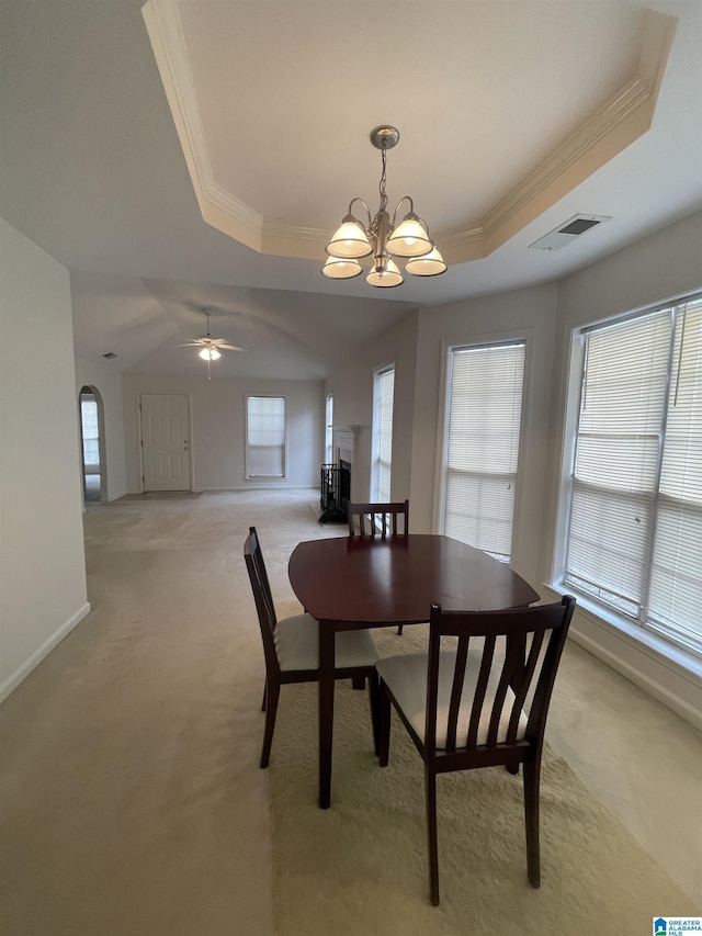 dining room featuring light colored carpet, a raised ceiling, and a wealth of natural light