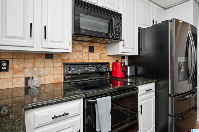 kitchen with tasteful backsplash, white cabinets, dark stone counters, and black appliances