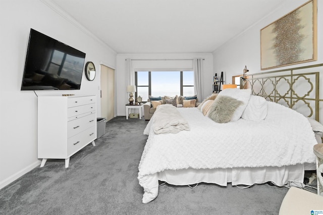 carpeted bedroom with crown molding