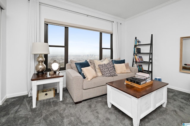 living room featuring ornamental molding and dark colored carpet