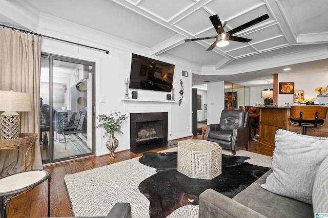 living room with coffered ceiling, beam ceiling, wood-type flooring, and ceiling fan