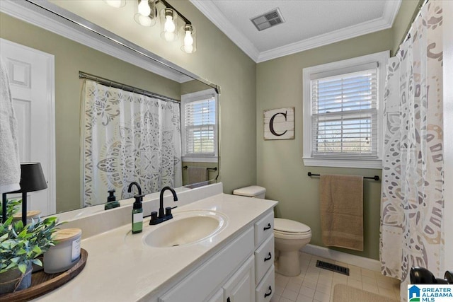 bathroom featuring tile patterned flooring, vanity, ornamental molding, curtained shower, and toilet