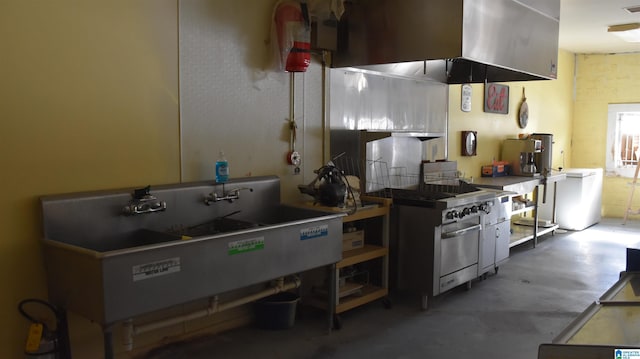 kitchen with ventilation hood, sink, and refrigerator