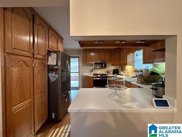 kitchen with stainless steel appliances, kitchen peninsula, and a wealth of natural light