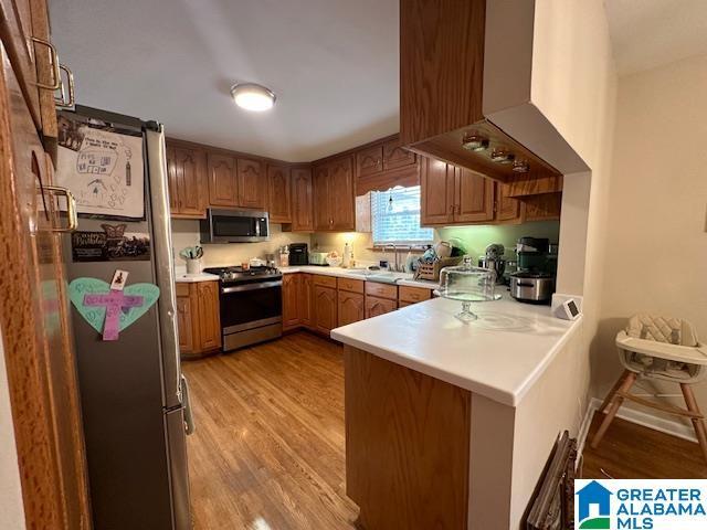 kitchen with stainless steel appliances, sink, light hardwood / wood-style flooring, and kitchen peninsula