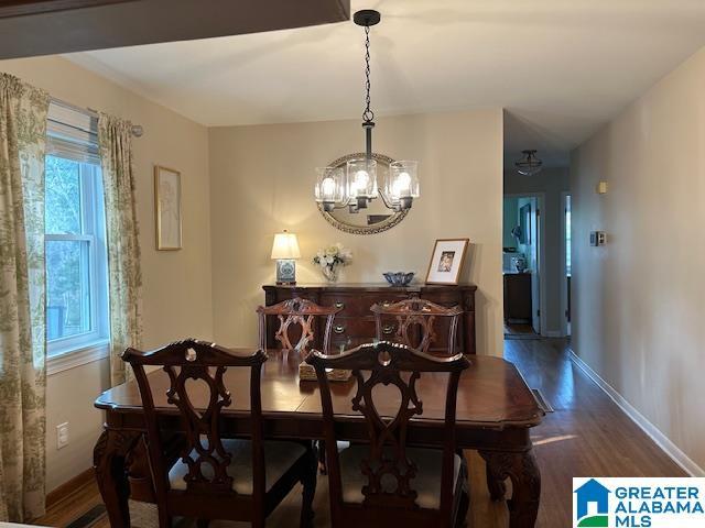 dining room featuring an inviting chandelier and dark hardwood / wood-style flooring