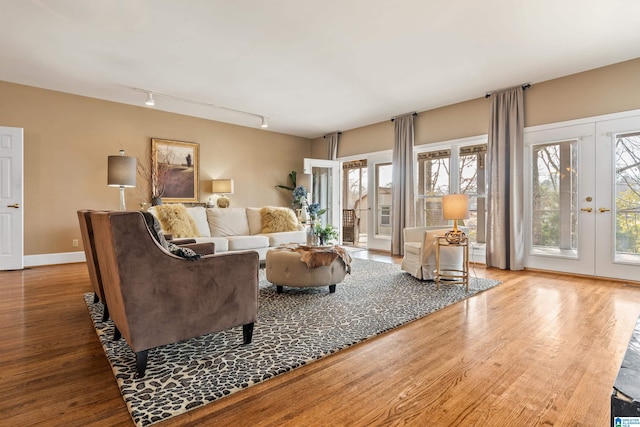 living room with french doors, wood-type flooring, and rail lighting