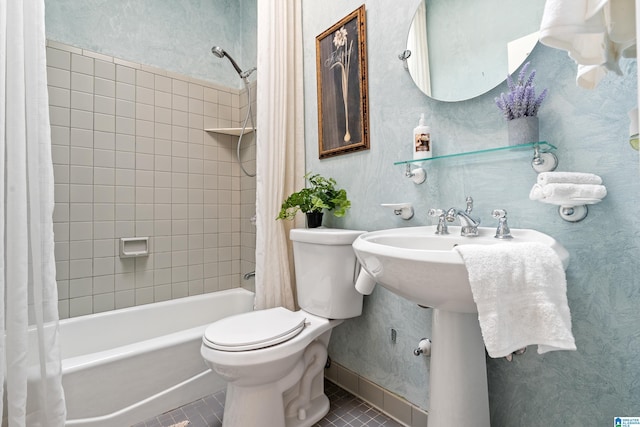 bathroom with shower / bath combination with curtain, toilet, and tile patterned flooring