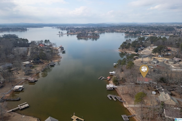 aerial view featuring a water view