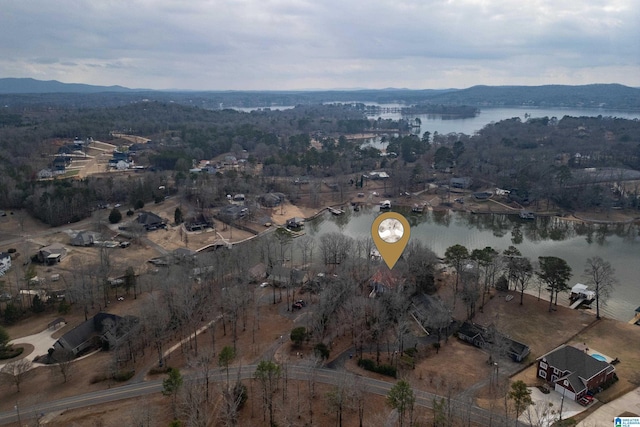 drone / aerial view with a water and mountain view