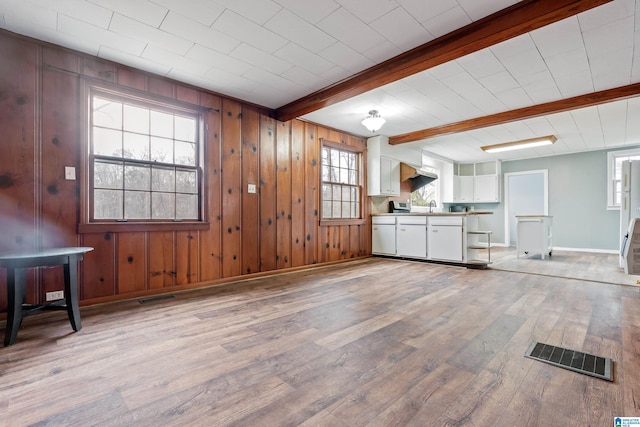 living room with light wood-type flooring, sink, beam ceiling, and wood walls