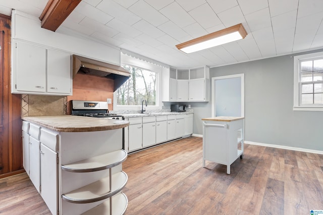 kitchen featuring a healthy amount of sunlight, stainless steel range oven, light wood-type flooring, and white cabinets