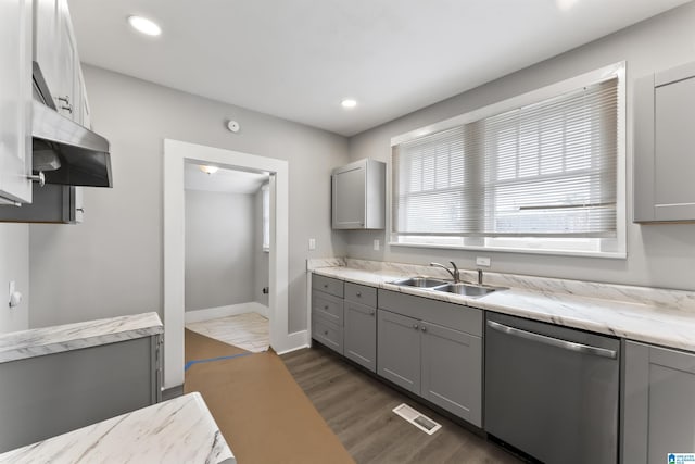 kitchen with dishwasher, sink, and gray cabinetry