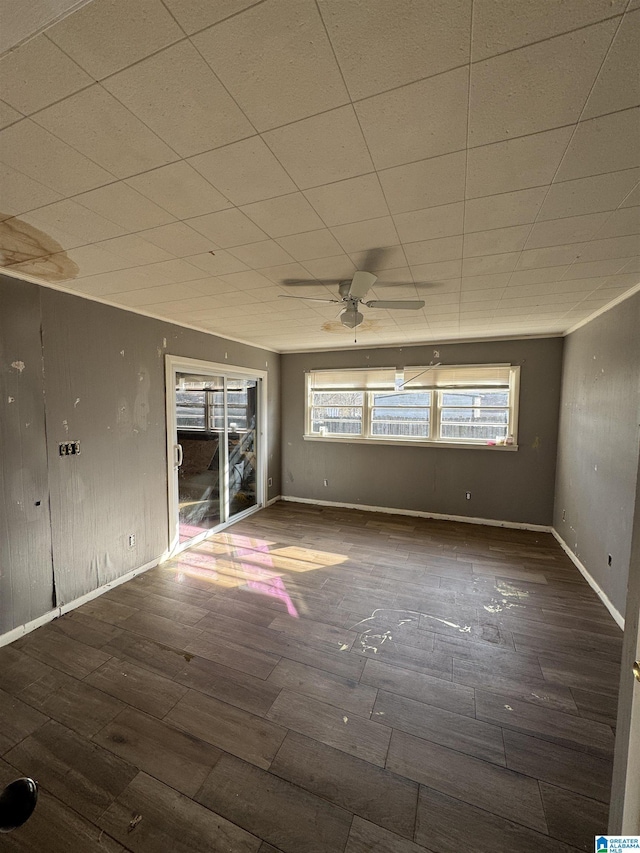 spare room featuring plenty of natural light, dark hardwood / wood-style floors, and ceiling fan