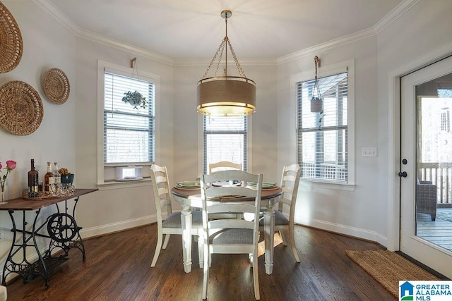 dining space with crown molding and dark wood-type flooring