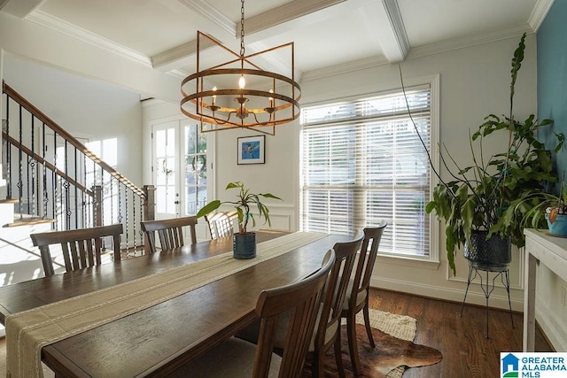 dining area with crown molding, beam ceiling, dark hardwood / wood-style floors, and a chandelier