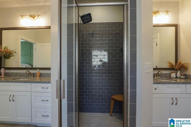 bathroom featuring vanity and a shower with shower door