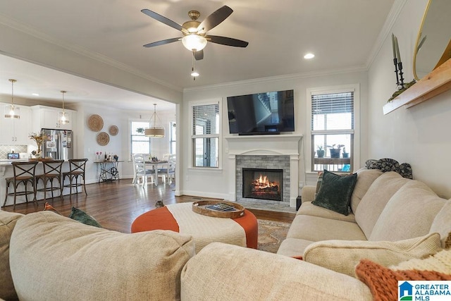 living room featuring crown molding, ceiling fan, and dark hardwood / wood-style flooring