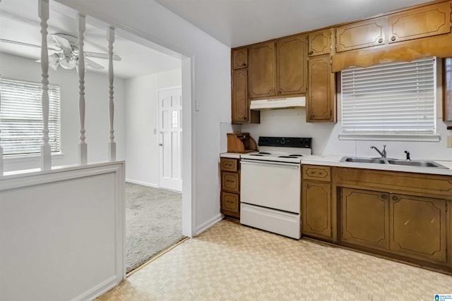 kitchen featuring sink, ceiling fan, and white range with electric cooktop