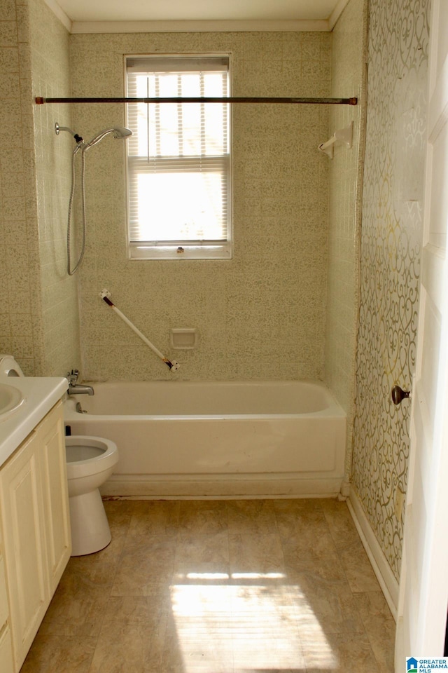 full bathroom featuring wallpapered walls, baseboards, toilet,  shower combination, and vanity