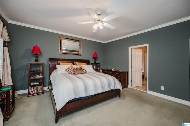 bedroom featuring crown molding, ceiling fan, and light carpet