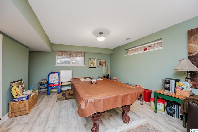 recreation room featuring pool table and light wood-type flooring