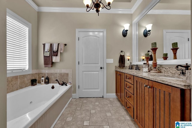 bathroom featuring vanity, ornamental molding, a bath, and an inviting chandelier