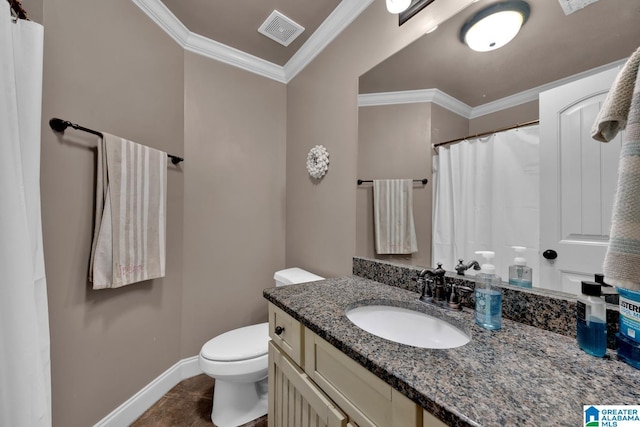 bathroom featuring vanity, tile patterned flooring, crown molding, and toilet