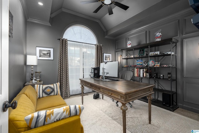 office space featuring ornamental molding, lofted ceiling, and ceiling fan