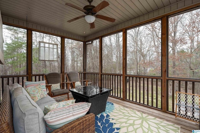 sunroom featuring ceiling fan