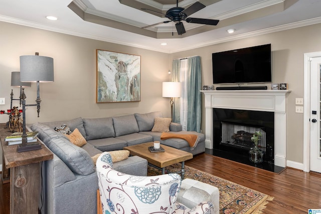 living room featuring dark wood-type flooring, a tray ceiling, and crown molding