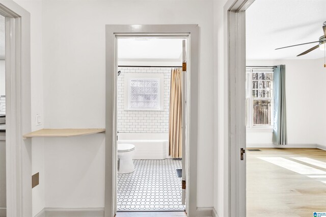 bathroom featuring ceiling fan, toilet, and shower / bath combo with shower curtain