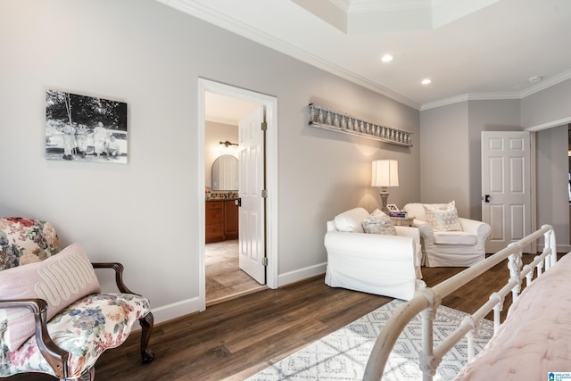 living room with ornamental molding and dark hardwood / wood-style floors