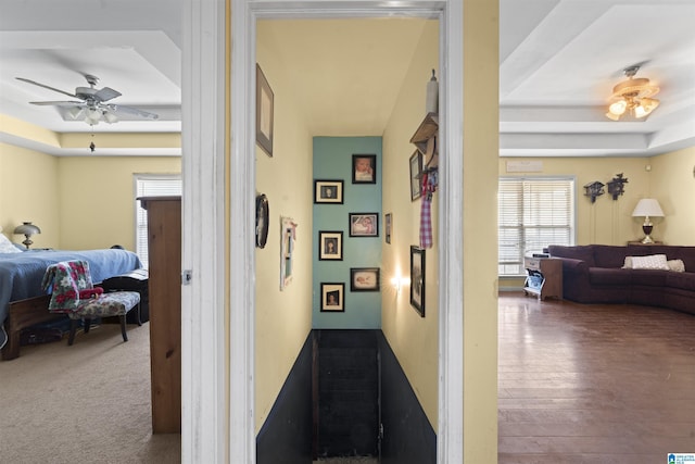 hall featuring hardwood / wood-style flooring and a raised ceiling