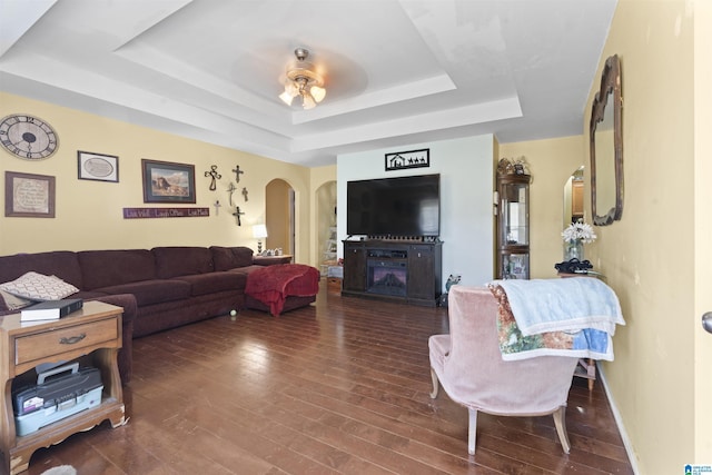 living room with a raised ceiling and dark hardwood / wood-style floors