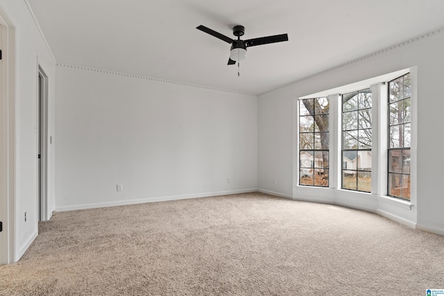 carpeted spare room featuring crown molding and ceiling fan