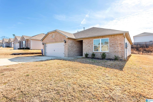 single story home featuring a garage and a front lawn