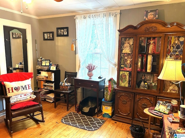 living area featuring ornamental molding and light hardwood / wood-style floors