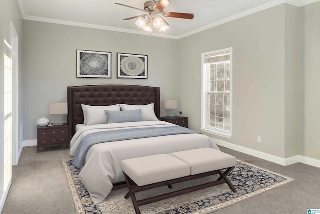 carpeted bedroom with ornamental molding and ceiling fan