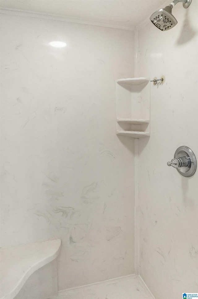 bathroom featuring ornamental molding and walk in shower